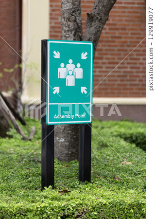 Safety assembly point sign for emergency gathering 129919077