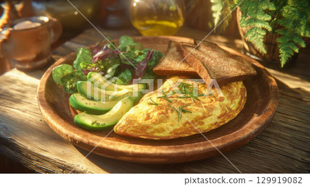 Gourmet omelette with avocado slices, fresh salad and toast on a wooden plate 129919082