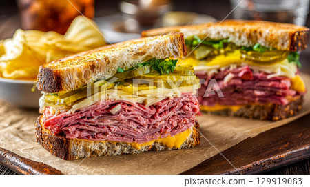 New York-style pastrami sandwich with pickles, Swiss cheese and mustard on artisan bread 129919083