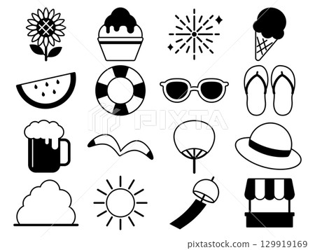 Set of 16 summer icons in monochrome Set of 16 summer icons in monochrome 129919169