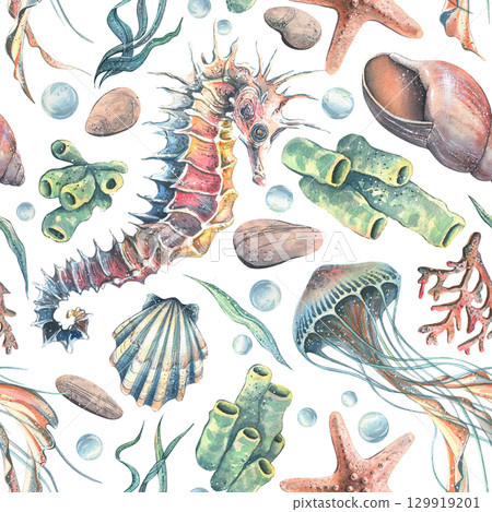 Seamless nautical pattern with seashells, seahorse and jellyfish, corals in soft natural palette, hand-painted watercolor illustration for textiles, packaging, wrapping and coastal design. Seamless nautical pattern with seashells, seahorse and jellyfish, corals in soft natural palette, hand-painted watercolor illustration for textiles, packaging, wrapping and coastal design. 129919201