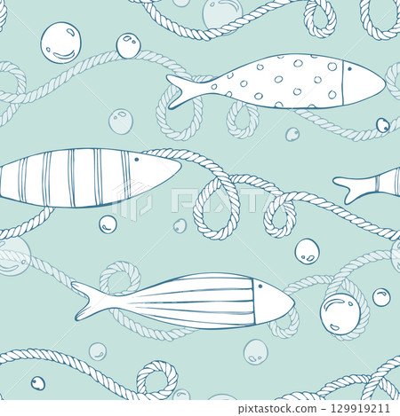 Minimalistic fish, bubbles and sea twisted ropes scattered on the minty seabed create an airy rhythm. Hand-drawn linear illustration. Seamless pattern for textiles, stationery, diaries and packaging. Minimalistic fish, bubbles and sea twisted ropes scattered on the minty seabed create an airy rhythm. Hand-drawn linear illustration. Seamless pattern for textiles, stationery, diaries and packaging. 129919211