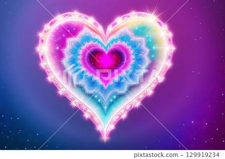 Artistic bright colorful heart surrounded by a sparkling frame at cosmic starry purple background 129919234