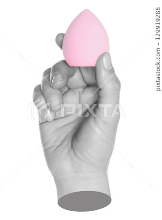 Woman hand holds cosmetic sponge, isolated on transparent background, cosmetics and visage concept. Contemporary art Woman hand holds cosmetic sponge, isolated on transparent background, cosmetics and visage concept. Contemporary art 129919288