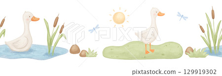 Seamless watercolor border with cute goose and pond with reed. Funny animals in nature. Hand drawn illustrations set Seamless watercolor border with cute goose and pond with reed. Funny animals in nature. Hand drawn illustrations set 129919302