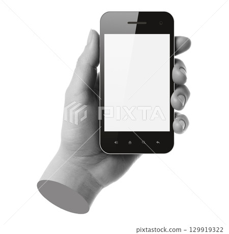 Hand holds smart phone, isolated on transparent background, technology and gadgets concept. Contemporary art design 129919322