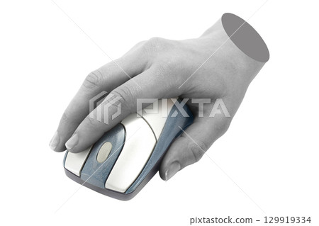 Hand holds a computer mouse, isolated on transparent background, technology concept. Contemporary art design Hand holds a computer mouse, isolated on transparent background, technology concept. Contemporary art design 129919334