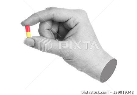 Hand holds drug pill, isolated on transparent background, medical concept. Contemporary art design 129919348