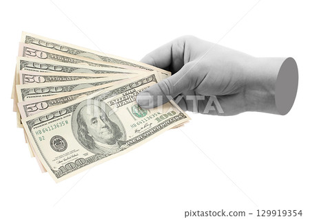 Hand holds US dollars cash bills, isolated on transparent background, business concept. Contemporary art design Hand holds US dollars cash bills, isolated on transparent background, business concept. Contemporary art design 129919354