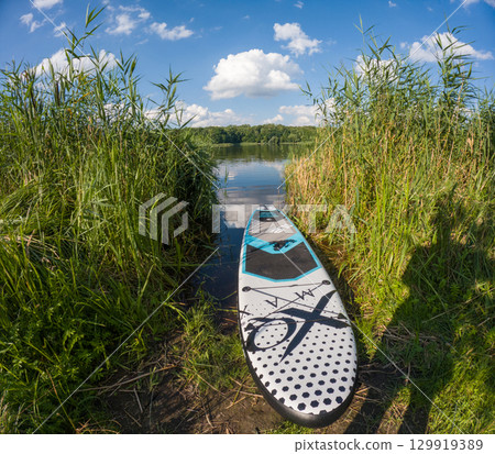 Stand-Up Paddleboard by a Tranquil Lake 129919389