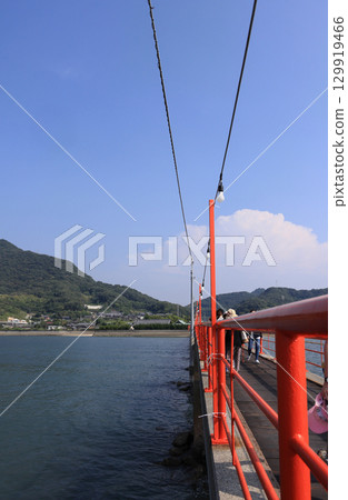 View of Tsushima Shrine's worship hall from Tsushima Bridge during the summer festival at Tsushima Shrine in Mino-cho, Mitoyo City, Kagawa Prefecture 129919466