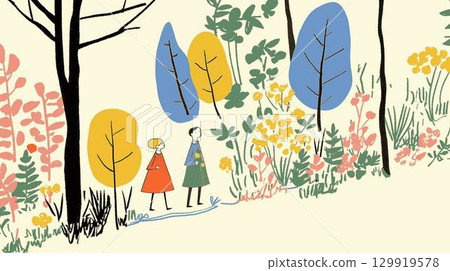 兩個人在森林裡散步的插圖 129919578