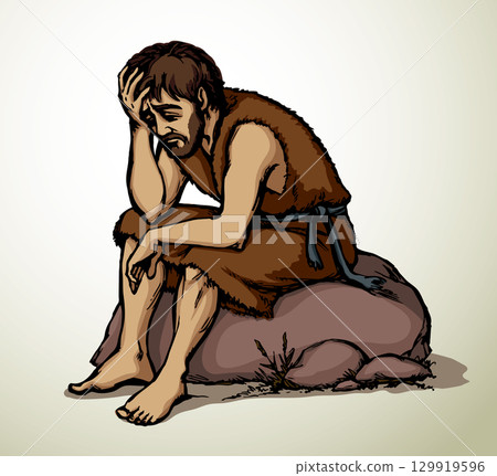 Vector drawing. A sad man and pigs 129919596