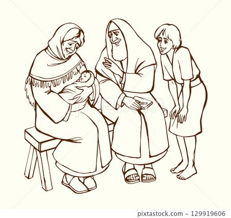 Vector drawing. Mother and father with a baby Vector drawing. Mother and father with a baby 129919606