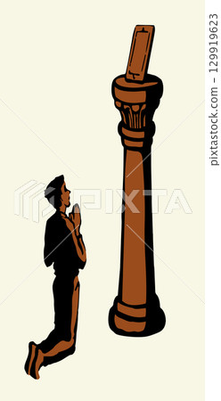 Vector drawing. Adult man worshiping Phone 129919623