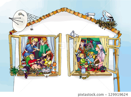 Vector drawing. Two different neighboring families in one house Vector drawing. Two different neighboring families in one house 129919624