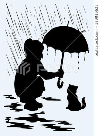Vector Drawing. Girl Covering Kitty From Rain Vector Drawing. Girl Covering Kitty From Rain 129919625