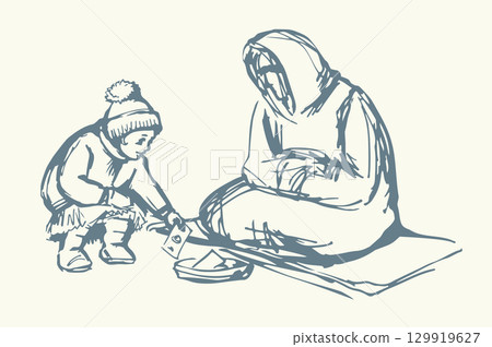 Vector Drawing. Girl Giving Alms to a Beggar 129919627