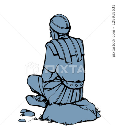 Vector drawing. Old roman Soldier resting on the stone Vector drawing. Old roman Soldier resting on the stone 129919633