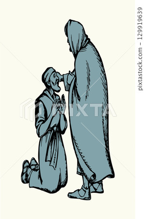 Vector drawing. Jesus healing a man Vector drawing. Jesus healing a man 129919639