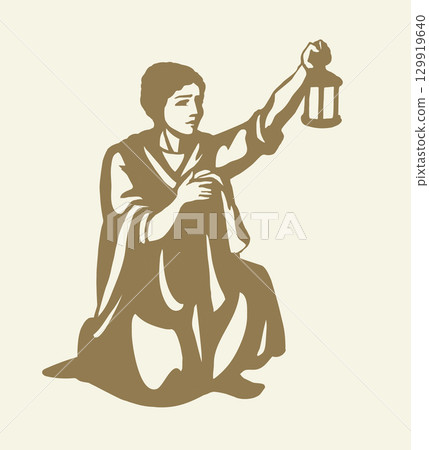 Vector drawing. Girl with lantern 129919640