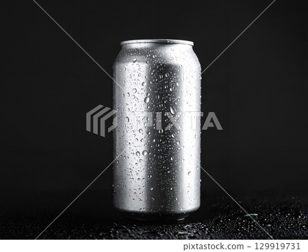 water drops on aluminium can on a dark background 129919731