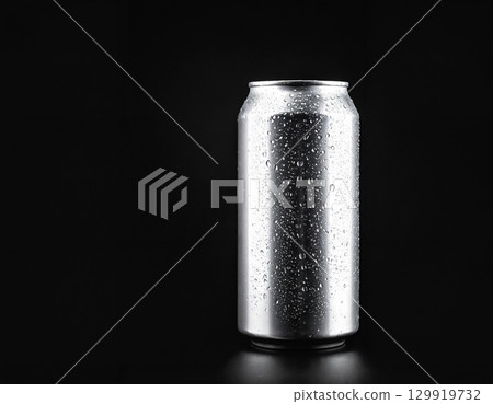 water drops on aluminium can on a dark background 129919732