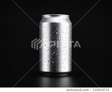 water drops on aluminium can on a dark background 129919733