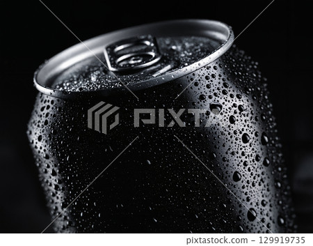 water drops on aluminium can on a dark background 129919735