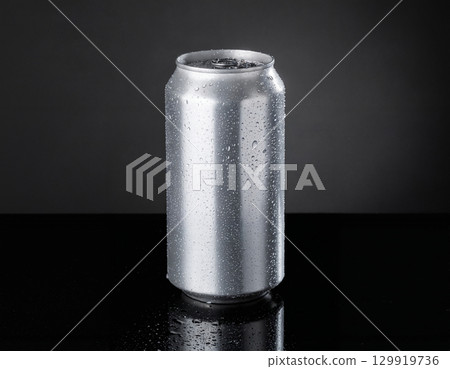 water drops on aluminium can on a dark background 129919736