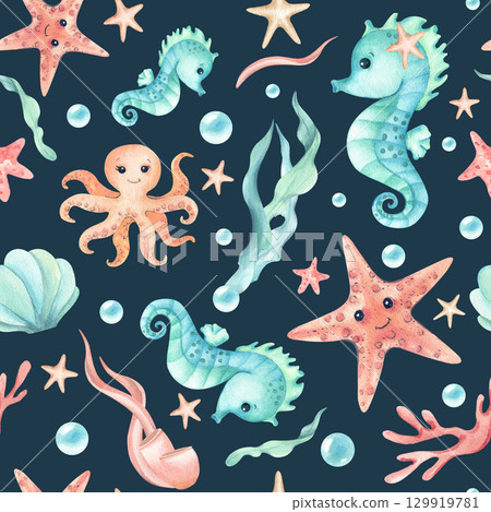 Aquatic animals watercolor seamless pattern in sea style. Seahorse, starfish and octopus children's characters. Illustration isolated on dark background with seaweed, bubbles. Wallpaper, stationery Aquatic animals watercolor seamless pattern in sea style. Seahorse, starfish and octopus children's characters. Illustration isolated on dark background with seaweed, bubbles. Wallpaper, stationery 129919781