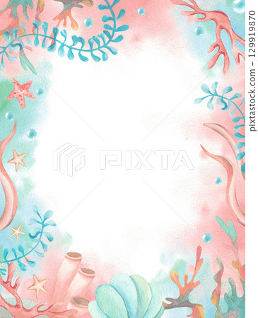 Watercolor frame with sea plants, seaweed postcard. Template in children's style. Illustration of corals, starfish, seashell, bubbles on pink turquoise spot. Hand drawn art isolated from background Watercolor frame with sea plants, seaweed postcard. Template in children's style. Illustration of corals, starfish, seashell, bubbles on pink turquoise spot. Hand drawn art isolated from background 129919870