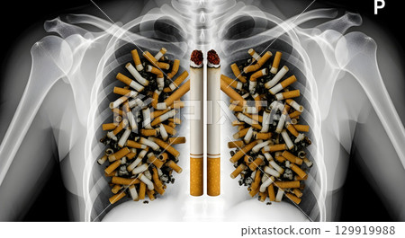 An x-ray image reveals cigarette butts replacing lungs, highlighting the hazards of smoking. 129919988