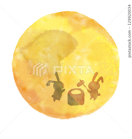 Watercolor illustration of moon viewing, moon and rabbit, full moon Watercolor illustration of moon viewing, moon and rabbit, full moon 129920034