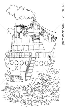 Pencil drawing. The gangway is lowered from the ship onto the boat. Pencil drawing. The gangway is lowered from the ship onto the boat. 129920166