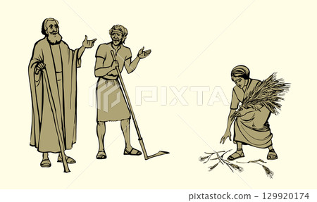 Vector drawing. Ruth and Boaz in the field Vector drawing. Ruth and Boaz in the field 129920174