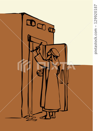 Vector drawing. The family fulfills God's command. Anoints the doorposts with the blood of the lamb Vector drawing. The family fulfills God's command. Anoints the doorposts with the blood of the lamb 129920187
