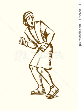 Vector drawing. Adult man flee with fear 129920191