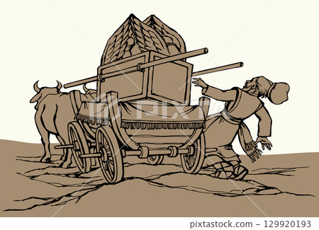 Vector drawing. The ark of the covenant being transported on a wooden cart pulled by two oxens 129920193