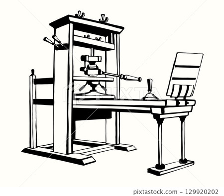 Vector drawing. Vintage printing press Vector drawing. Vintage printing press 129920202