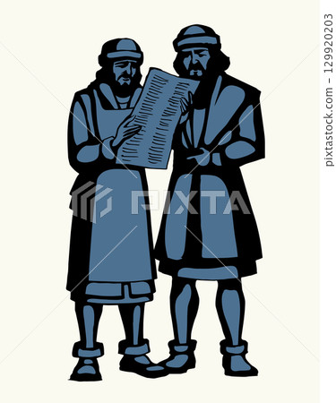 Vector drawing. Two men reding a newspaper 129920203