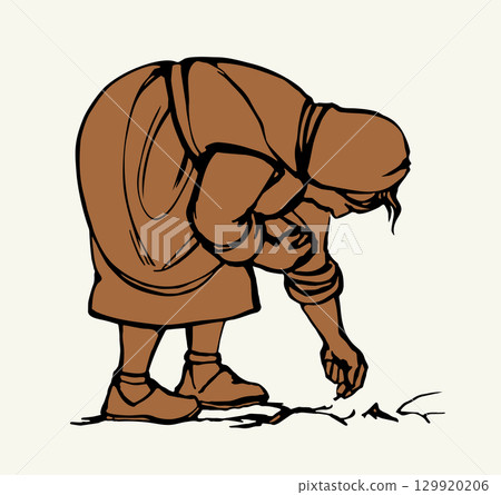 Vector drawing. Old woman in the field 129920206