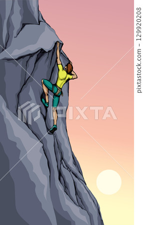 Climber climbs on a rock. Vector drawing 129920208