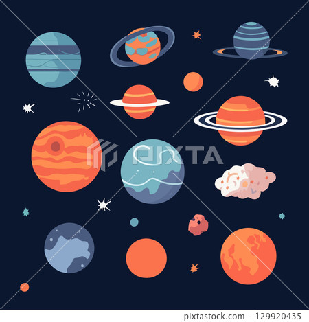 A vibrant collection of planets orbiting in a dark space backdrop, featuring unique colors and textures, surrounded by stars and cosmic dust. Each planet has distinct characteristics. 129920435