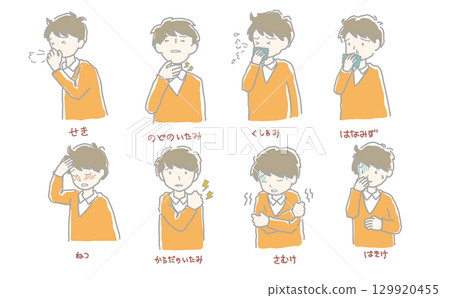 Illustration set of a man with early symptoms of a cold Illustration set of a man with early symptoms of a cold 129920455