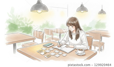 Watercolor illustration of students studying flash cards in a cafe 129920464