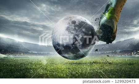 Bright collage soccer player kicking moon ball on stadium field 129920473