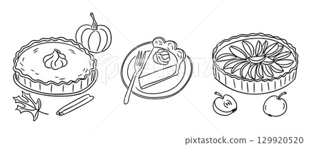 Pumpkin pie, apple pie and tart with fruits in simple line art style for coloring page 129920520