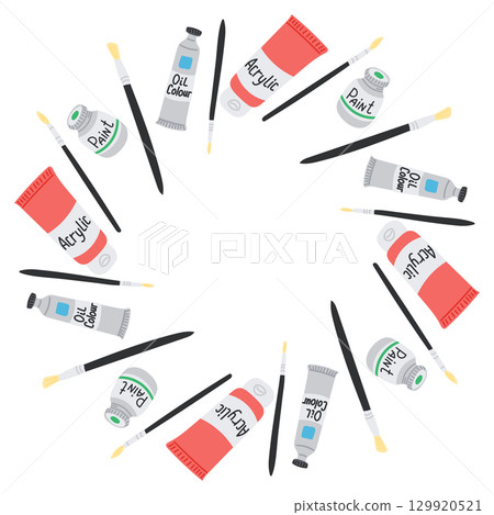 Art supplies circle frame with brushes, acrylic tubes, oil paint and jars arranged in creative layout 129920521