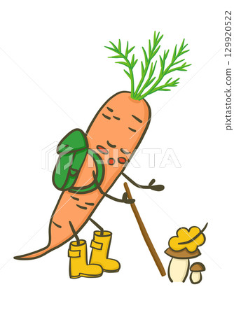 Cute carrot character with boots, backpack and walking stick standing near mushrooms in playful style 129920522